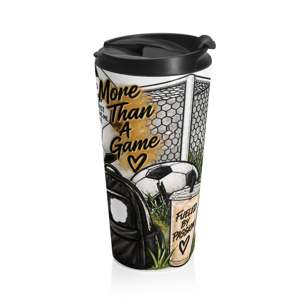 Christian Soccer Travel Mug — "I Can Do All Things" Philippians 4:13