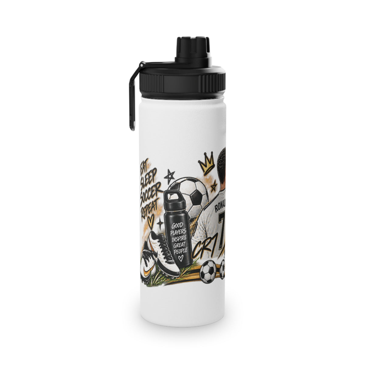 Soccer Stainless Steel Water Bottle — 'Eat Sleep Soccer Repeat' Sports Bottle (Ronaldo #7 Design)