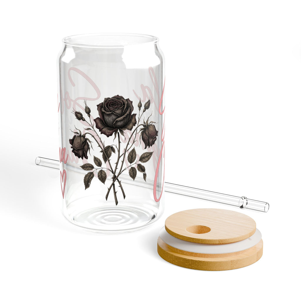 16oz Glass Sipper Cup — "Sola Chingona" Rose Design, Bamboo Lid & Straw
