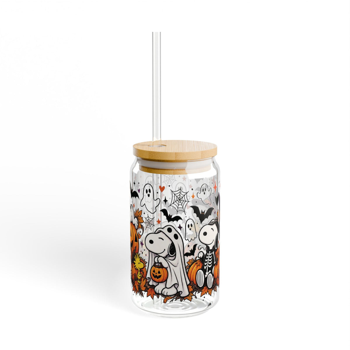 Halloween Snoopy Sipper Glass — 16oz Pumpkin & Ghost Reusable Straw Cup