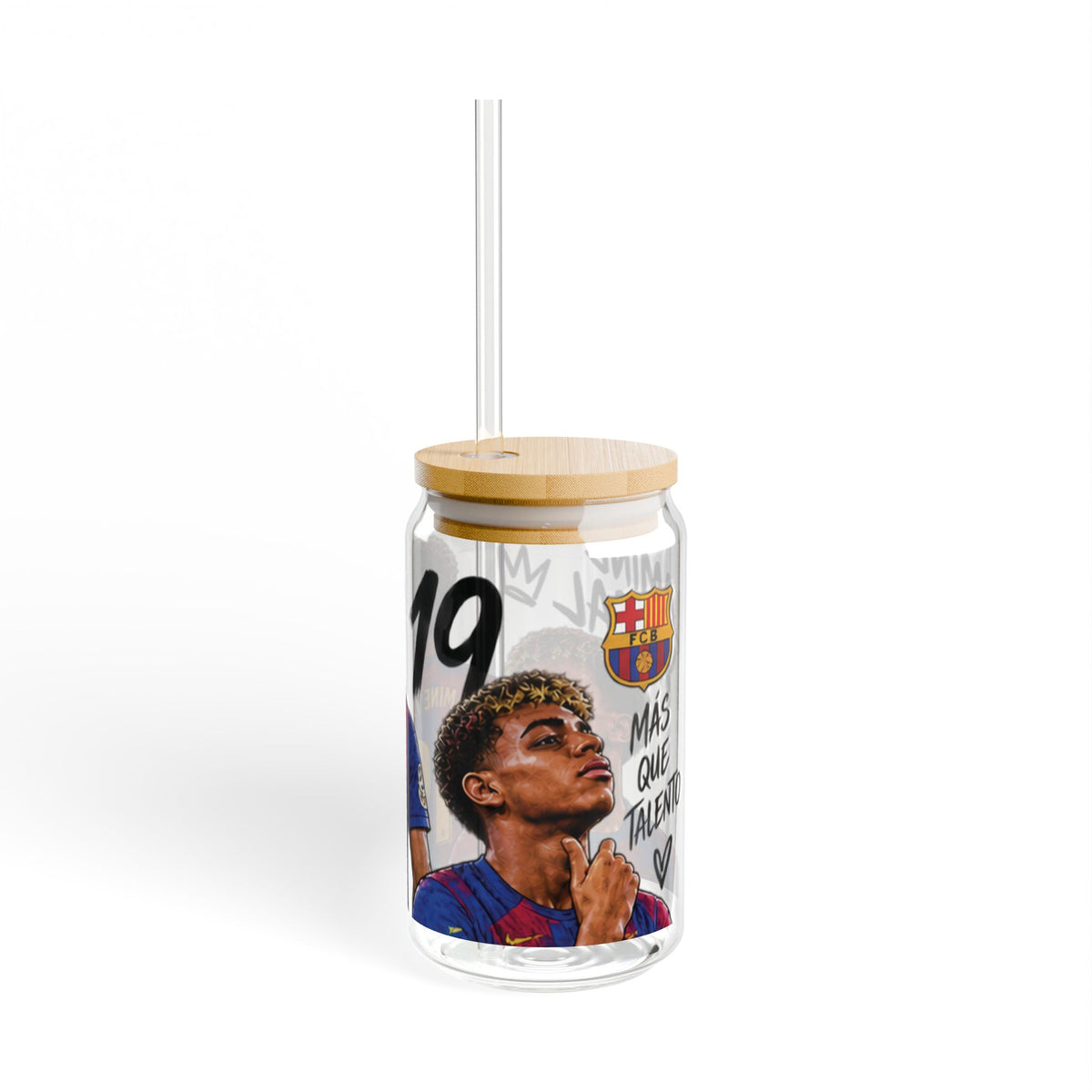 Sipper Glass - FC Barcelona Lamine Yamal 19 Design, 16oz Clear Tumbler with Straw