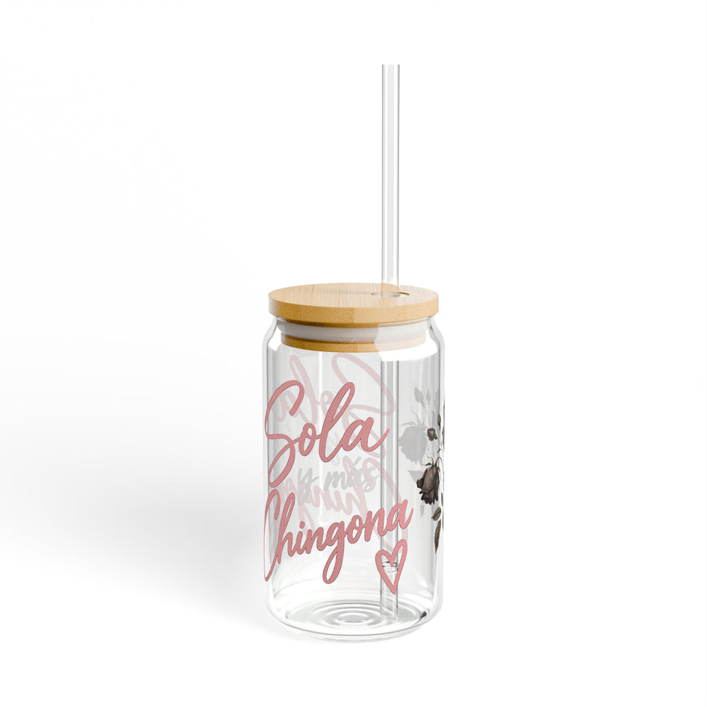 16oz Glass Sipper Cup — "Sola Chingona" Rose Design, Bamboo Lid & Straw