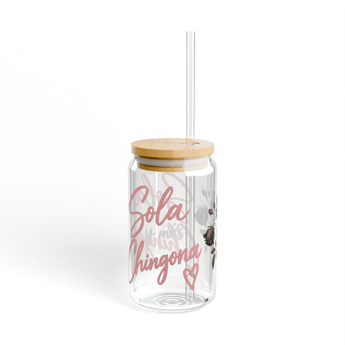 16oz Glass Sipper Cup — "Sola Chingona" Rose Design, Bamboo Lid & Straw