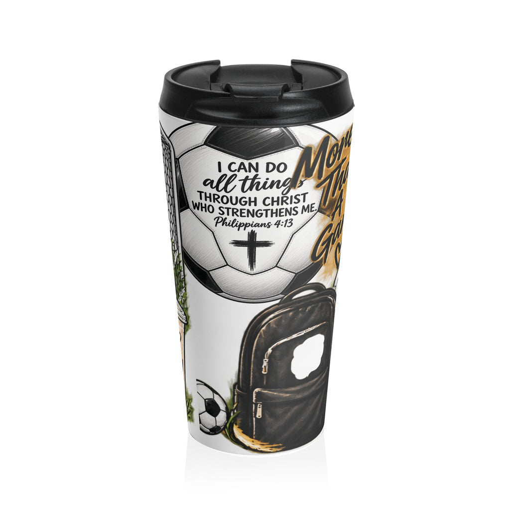 Christian Soccer Travel Mug — "I Can Do All Things" Philippians 4:13