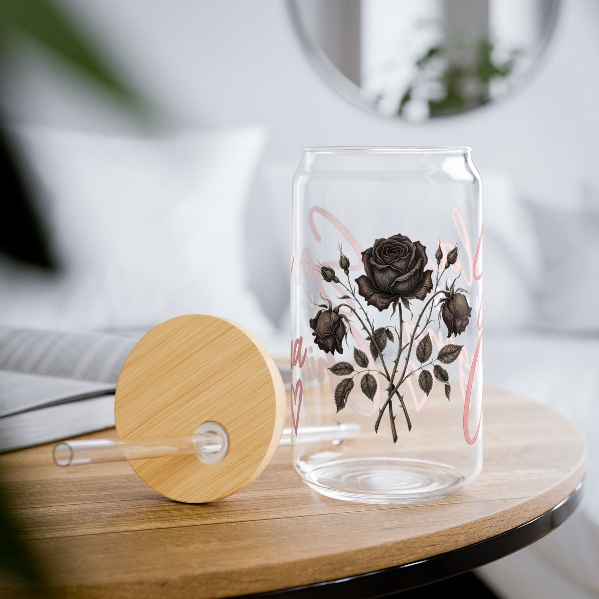 16oz Glass Sipper Cup — "Sola Chingona" Rose Design, Bamboo Lid & Straw