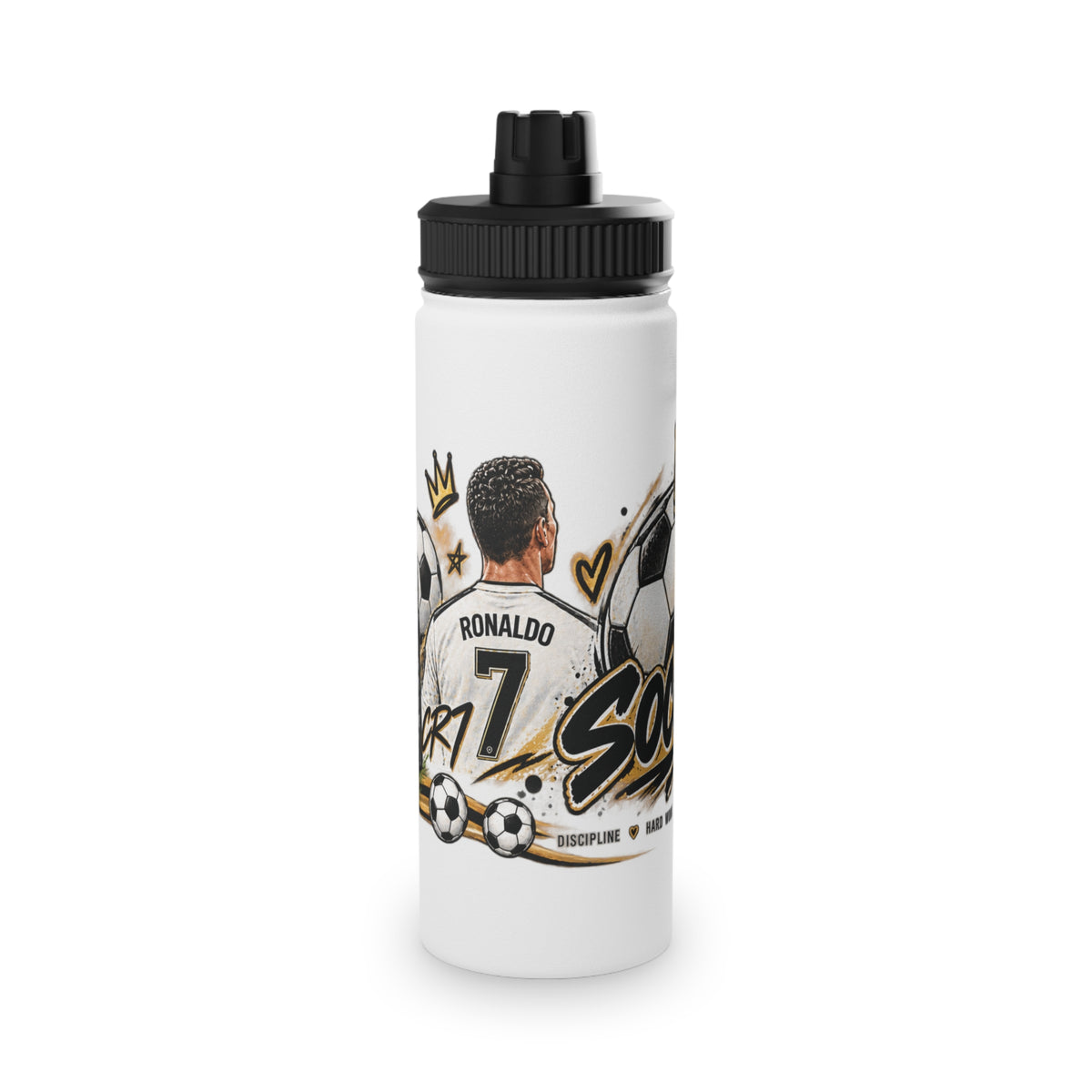Soccer Stainless Steel Water Bottle — 'Eat Sleep Soccer Repeat' Sports Bottle (Ronaldo #7 Design)