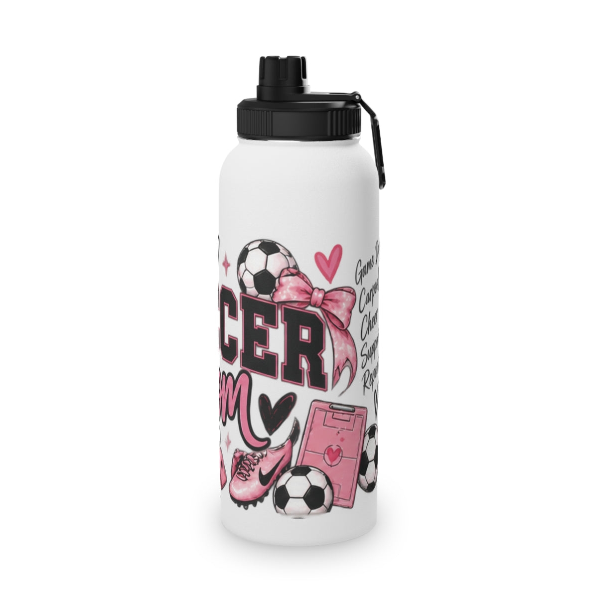 Soccer Mom / Player Water Bottle | Pink Bow Sports Lid
