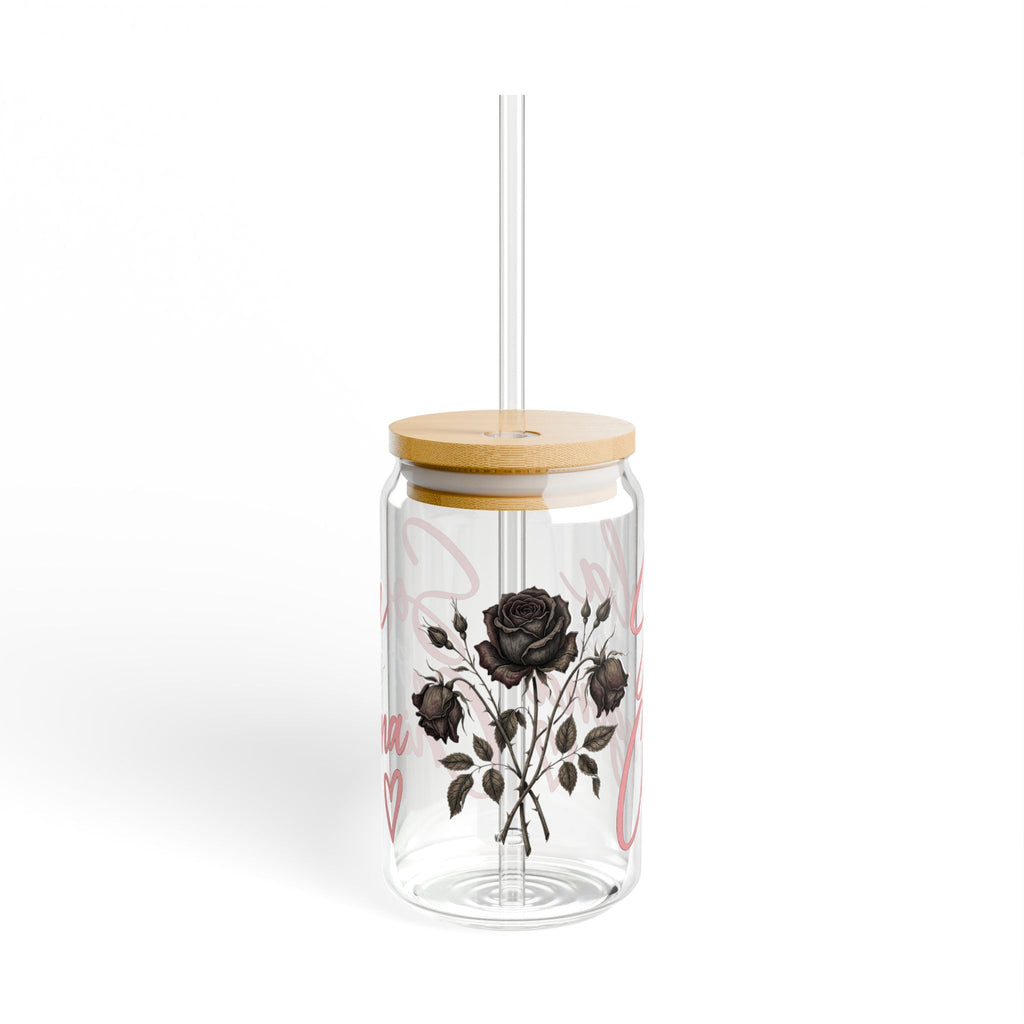 16oz Glass Sipper Cup — "Sola Chingona" Rose Design, Bamboo Lid & Straw