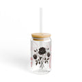 16oz Glass Sipper Cup — "Sola Chingona" Rose Design, Bamboo Lid & Straw