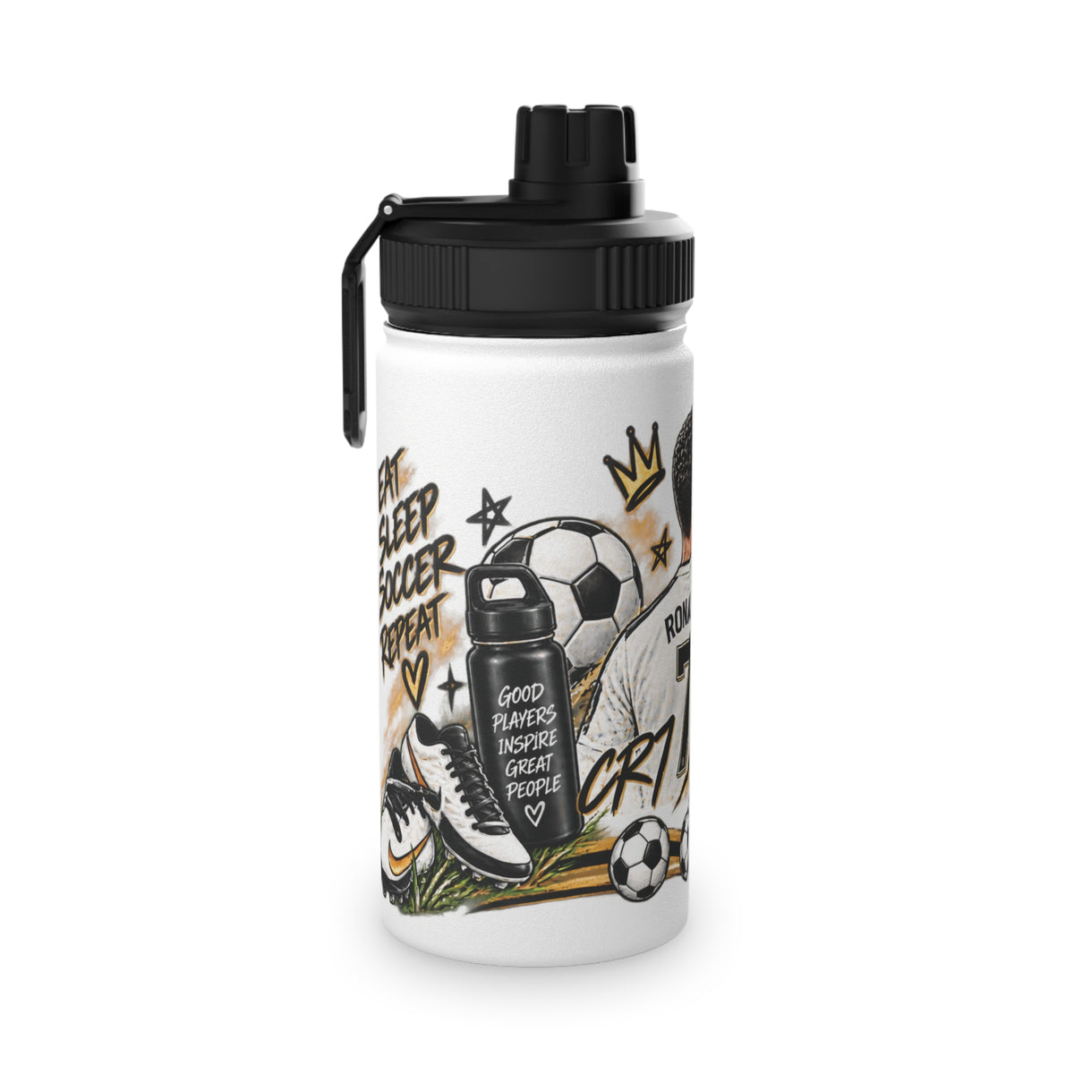 Soccer Stainless Steel Water Bottle — 'Eat Sleep Soccer Repeat' Sports Bottle (Ronaldo #7 Design)