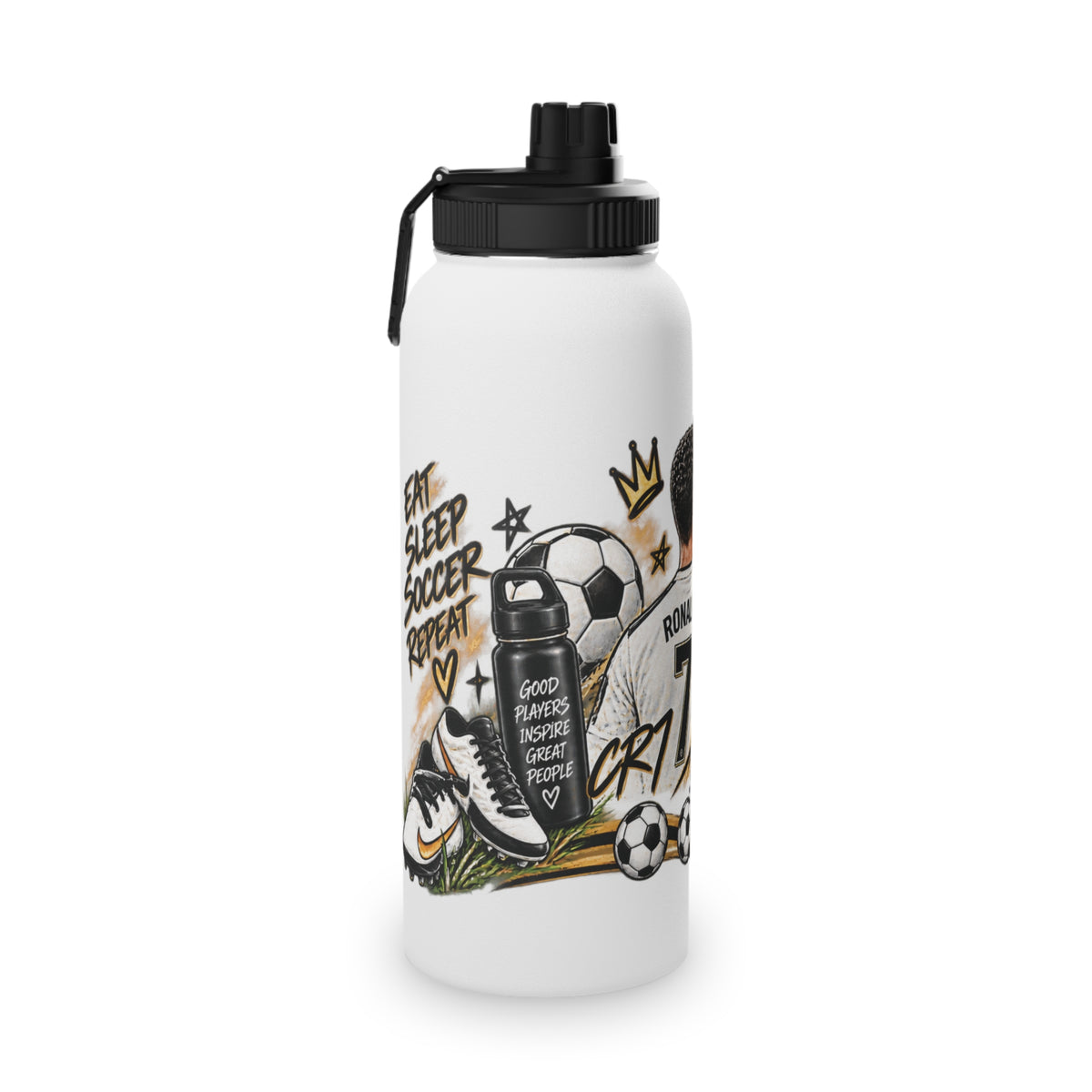 Soccer Stainless Steel Water Bottle — 'Eat Sleep Soccer Repeat' Sports Bottle (Ronaldo #7 Design)