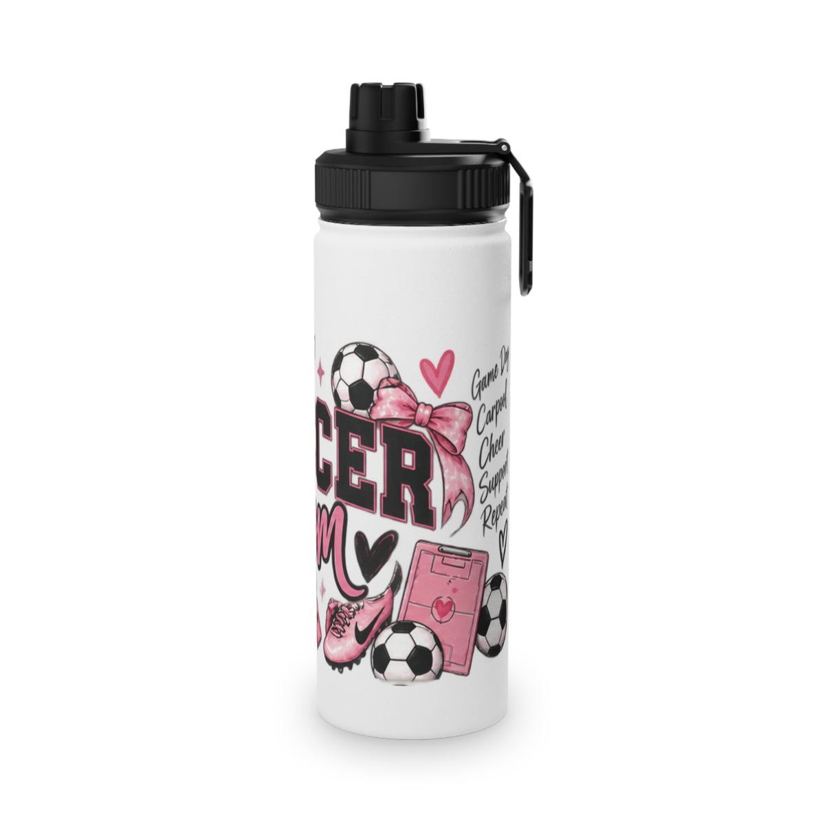 Soccer Mom / Player Water Bottle | Pink Bow Sports Lid